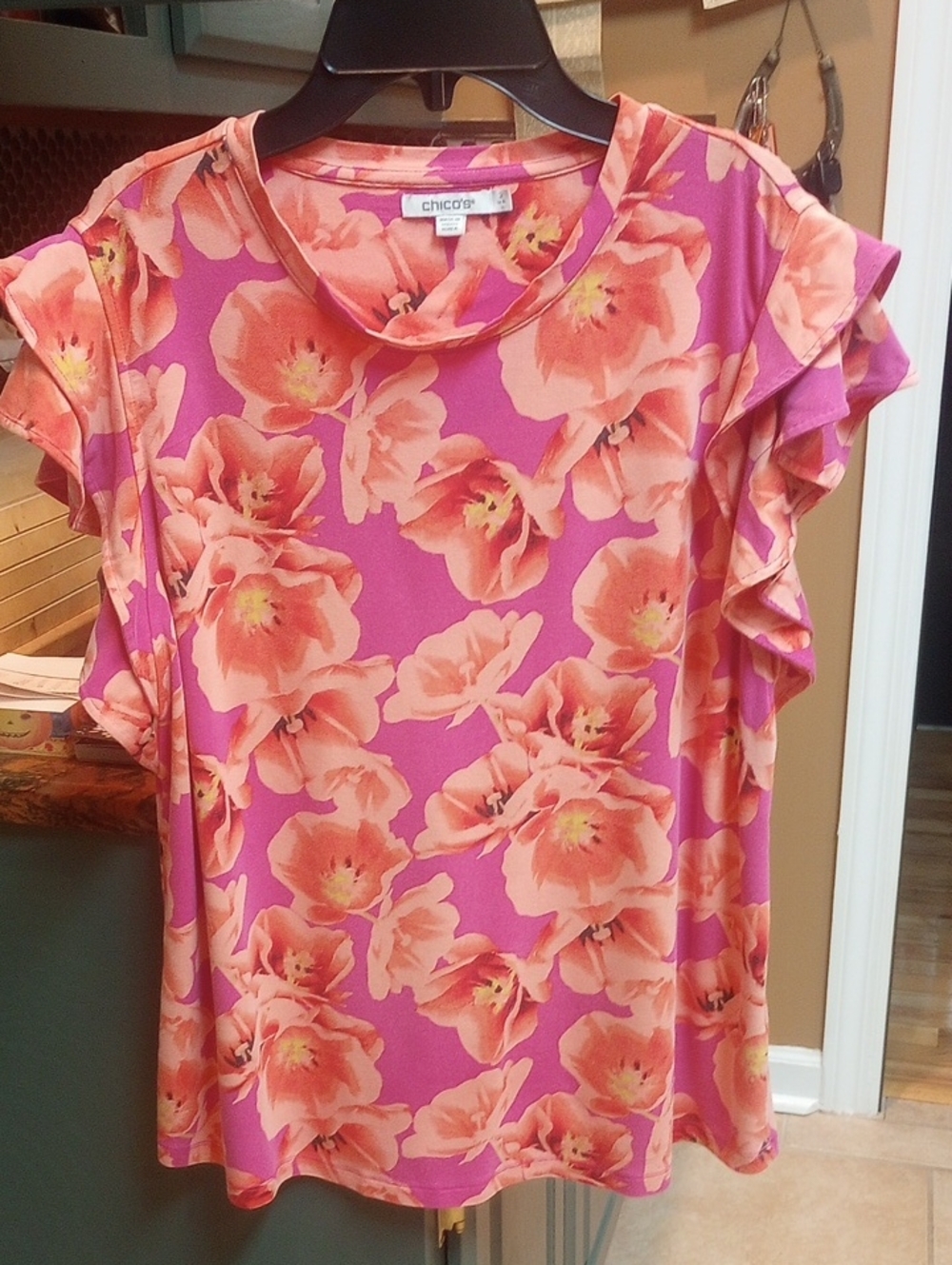 Chico's Pink and Coral Floral Ruffle Sleeve Top